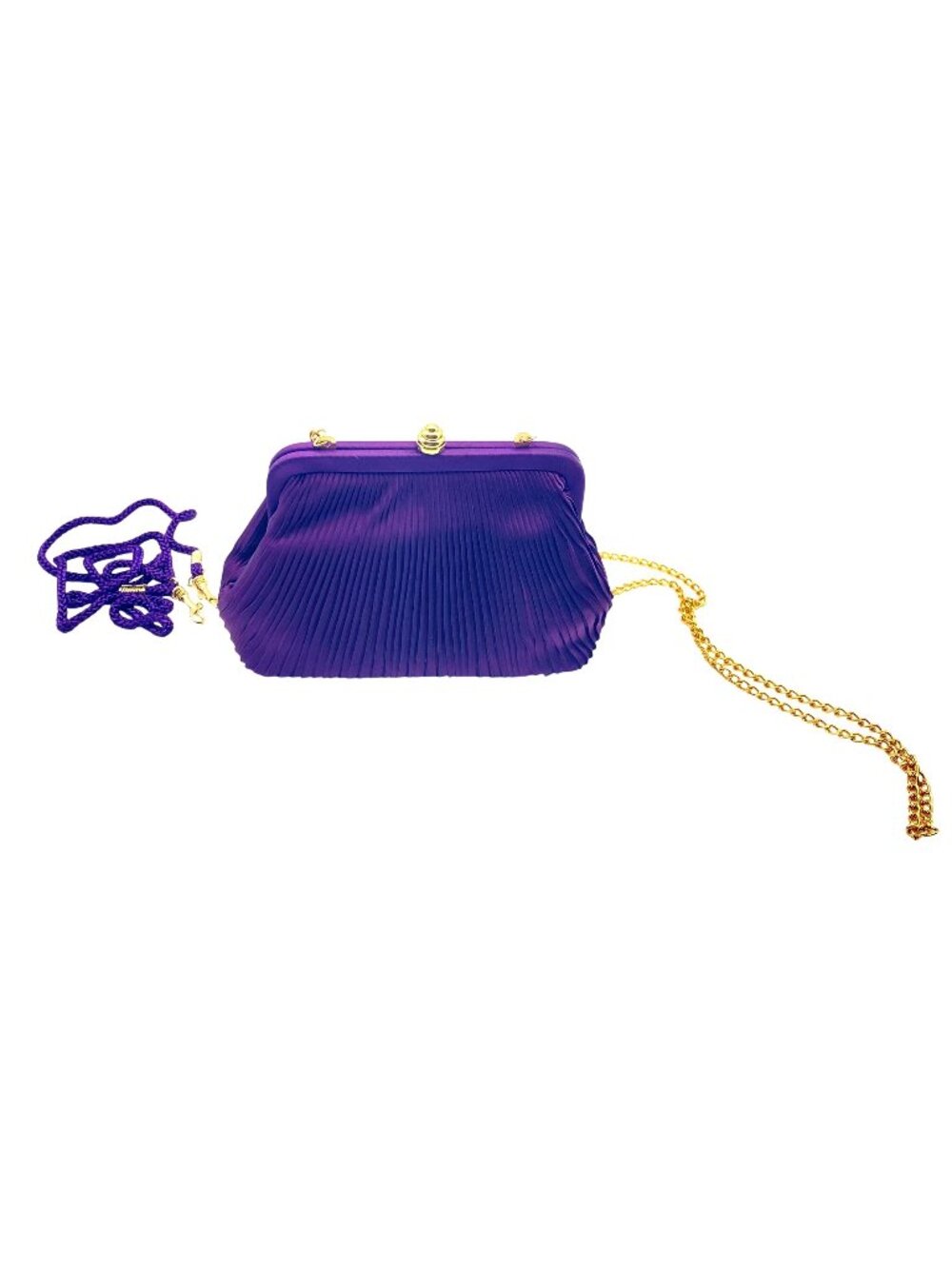 Royal Purple Pleated Evening Clutch Purse With Gold Chain and Strap